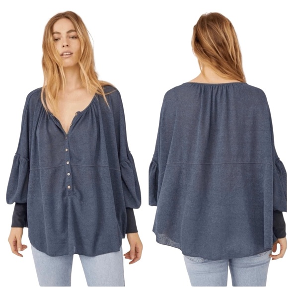 NWT Free People “Marla” Henley Oversized Boho Poppy Seed Blue Top - Picture 2 of 16